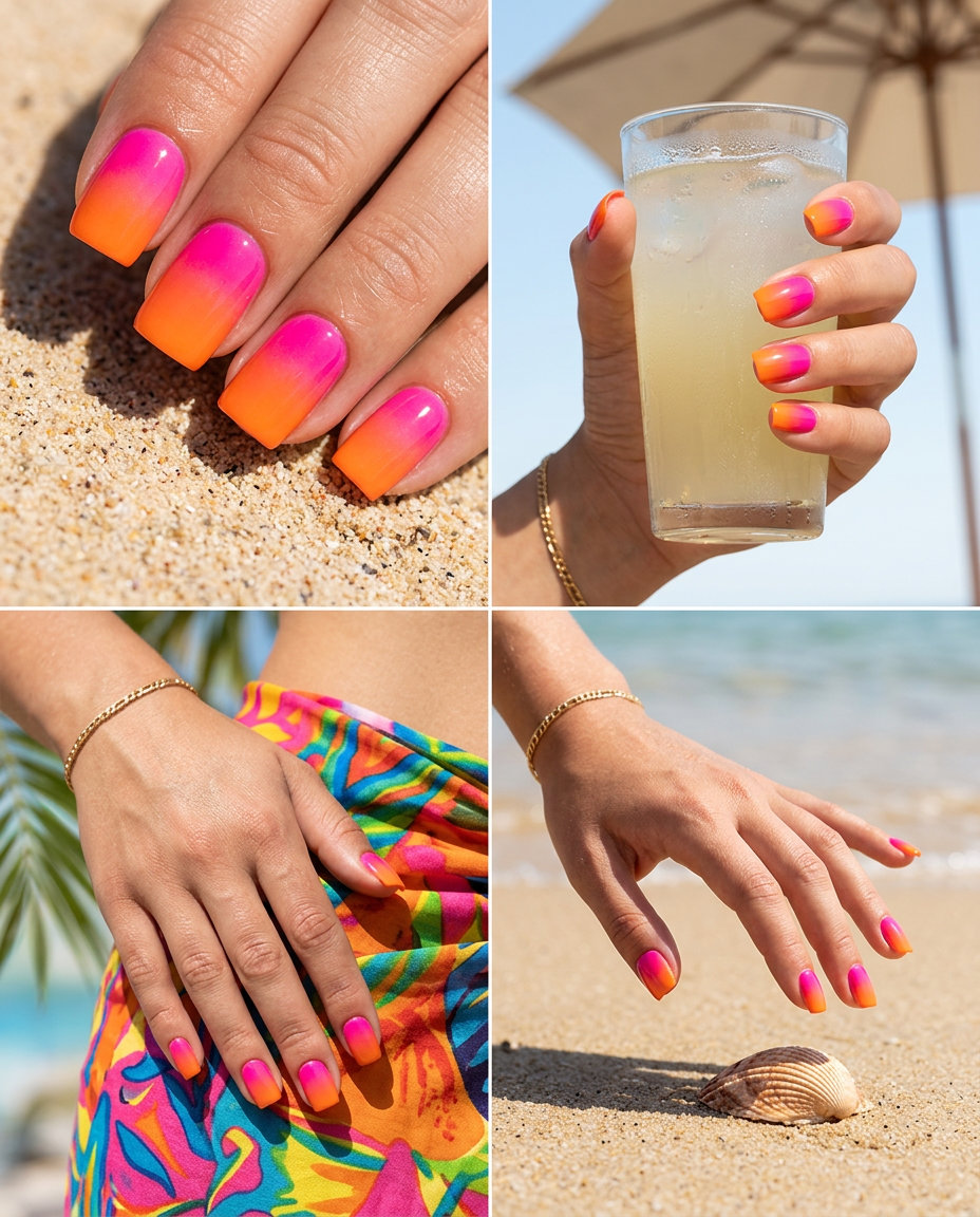 Orange & Pink Gradient Nails 2026 Vivid Orange and Hot Pink Gradient nails for neon summer nails 2026. Short squoval, playful tropical vibe.