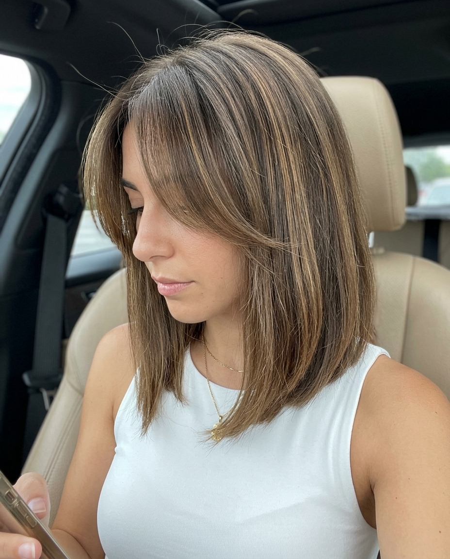 medium A-line lob haircut with neutral brunette color, subtle amber babylights, and curtain bangs for summer