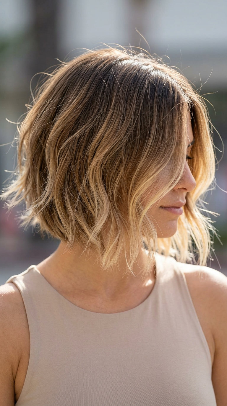 short ombré bixie haircut with sandy blonde tips and natural brunette roots for beach days