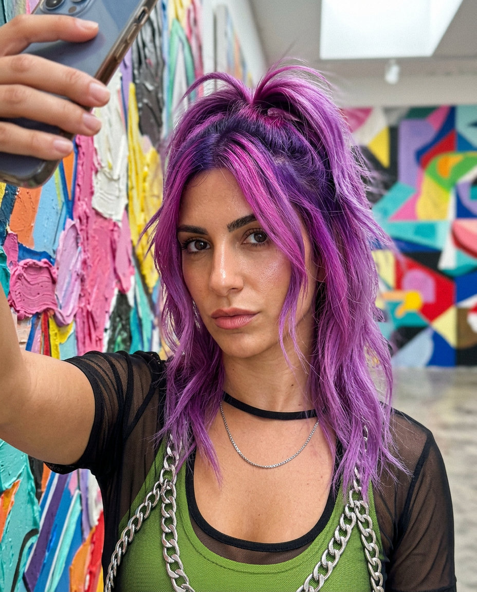 medium-length half up half down haircut with orchid purple, violet root, fuchsia highlights, point-cut layers for music festival