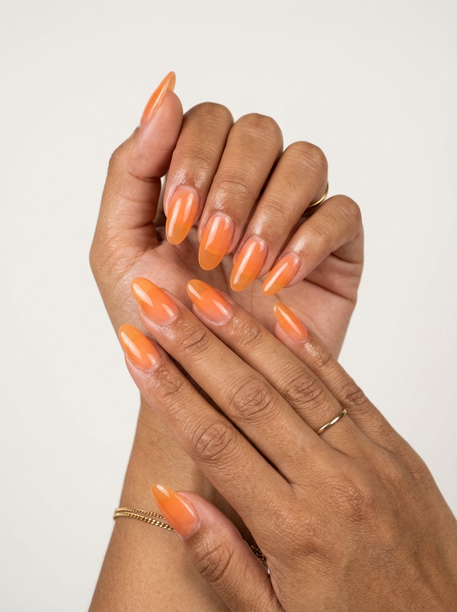 Apricot Jelly Oval Nails 2026: Juicy Festival Style Apricot Jelly Glaze Oval: Juicy festival nails in vibrant apricot jelly finish. Oval summer nails 2026.