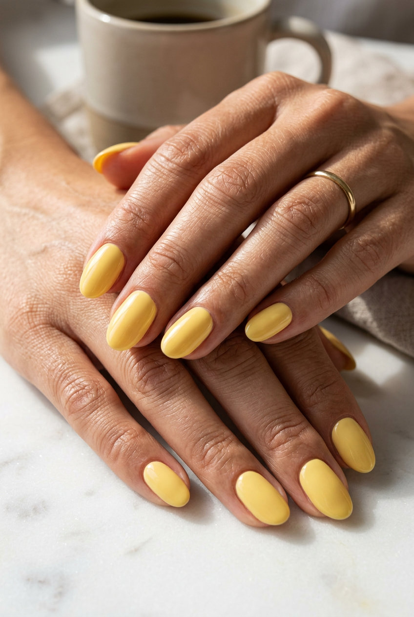 Butter Yellow Glossy Oval Nails 2026: Cheerful, sunny style for festivals, summer parties, or casual outings.