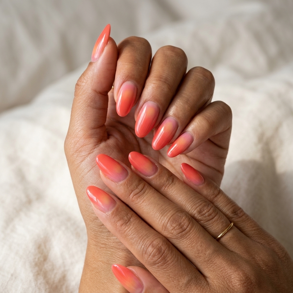 Coral Jelly Aura Oval Nails 2026: Vibrant Beach Getaway Style Coral Jelly Aura Oval Nails 2026: Juicy, vibrant style for summer vacations, beach getaways, or festivals.