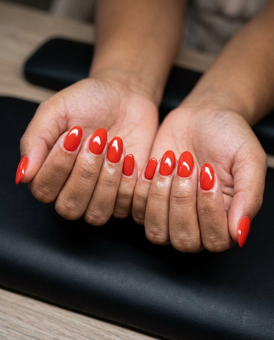 Tomato Red Oval Nails 2026: Sultry Date Night Style Juicy Tomato Red Glossy Oval Nails 2026: Bold, sultry style for date nights or summer events.
