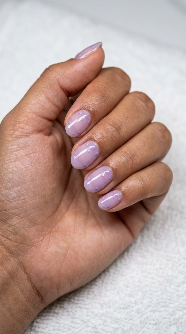 Oval Summer Nails 2026: Lavender Dots Oval summer nails 2026: Sheer lavender with scattered solid lavender dots for a whimsical, romantic look.