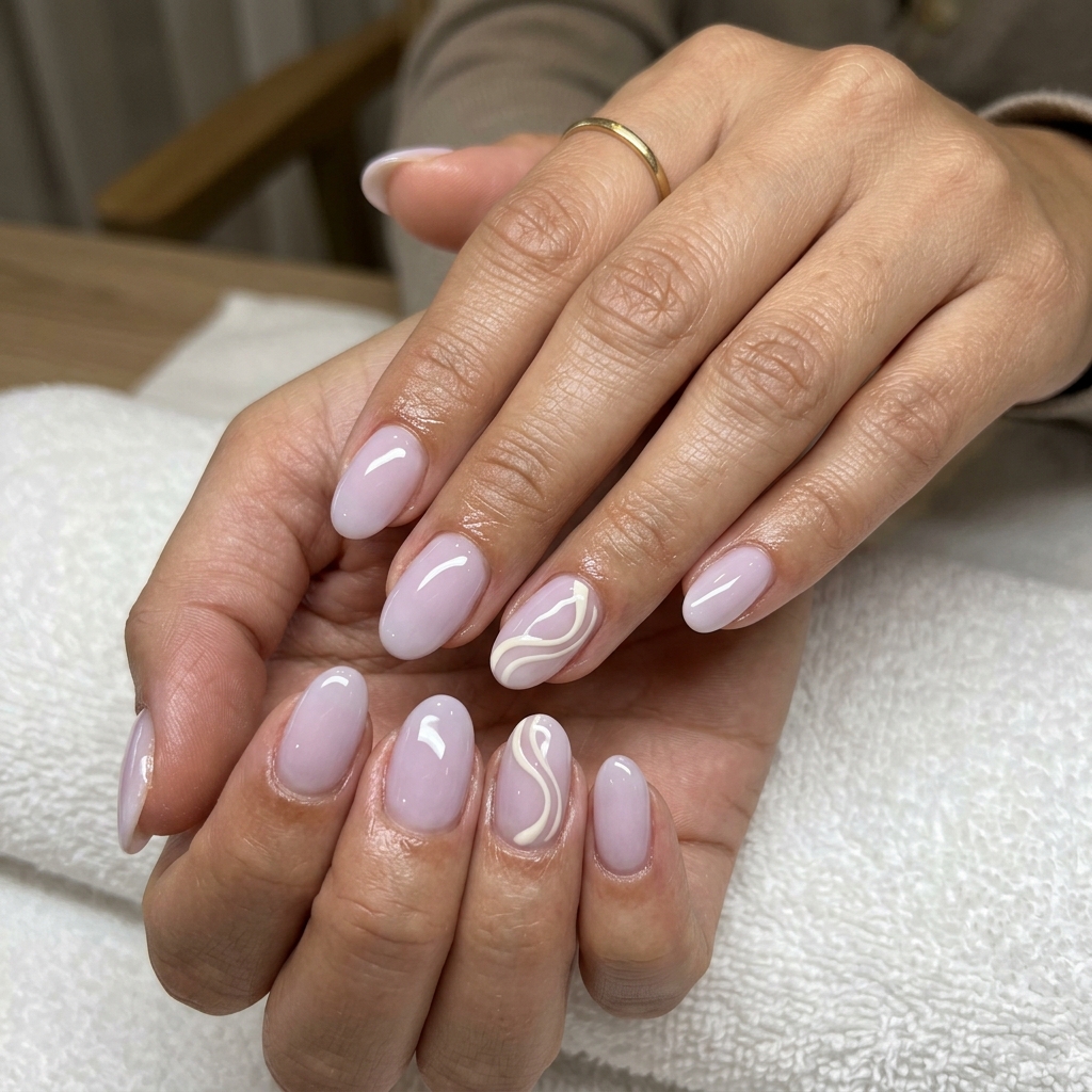 Lilac Swirl Oval Nails 2026: Romantic Date Night Style Lilac Swirl Accent Oval: Romantic date night nails with sheer lilac & creamy white swirls. Oval summer nails 2026.