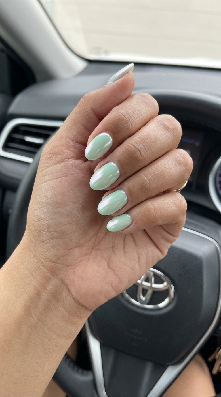 Mint Green Oval Nails 2026: Refreshing Brunch Style Mint Green Glazed Donut Oval: Refreshing brunch nails with mint green & iridescent glaze. Oval summer nails 2026.