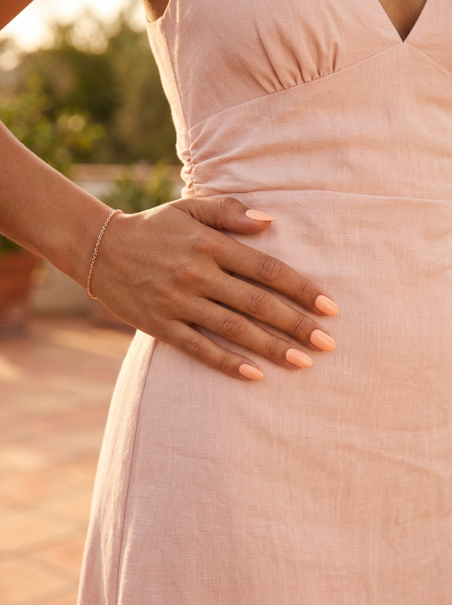 Peach Fuzz Oval Nails 2026: Romantic Date Night Style Peach Fuzz Glossy Oval Nails 2026: Romantic date night or wedding guest look with soft peach gel polish.