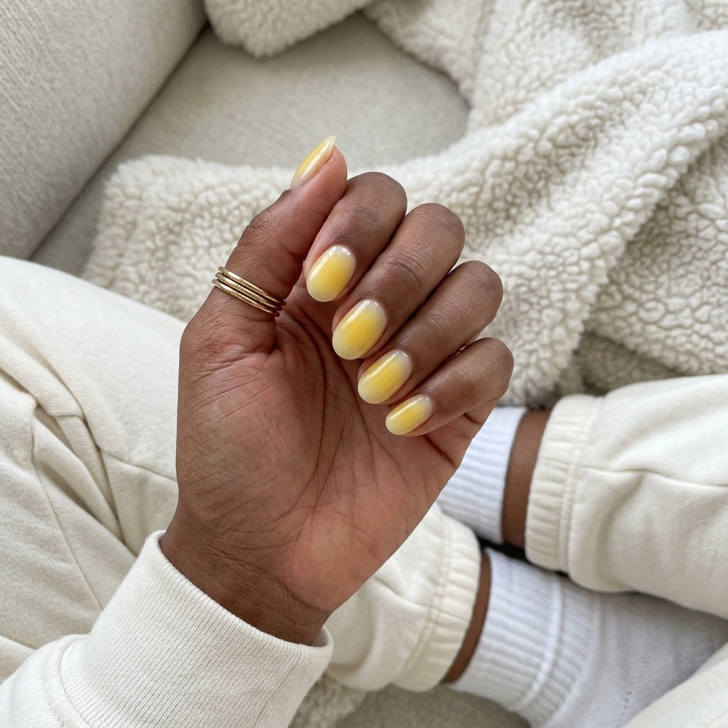 Oval Summer Nails 2026: Sheer Lemonade Aura Oval summer nails 2026: Sheer light yellow with a subtle aura blend for a fresh, radiant vacation vibe.