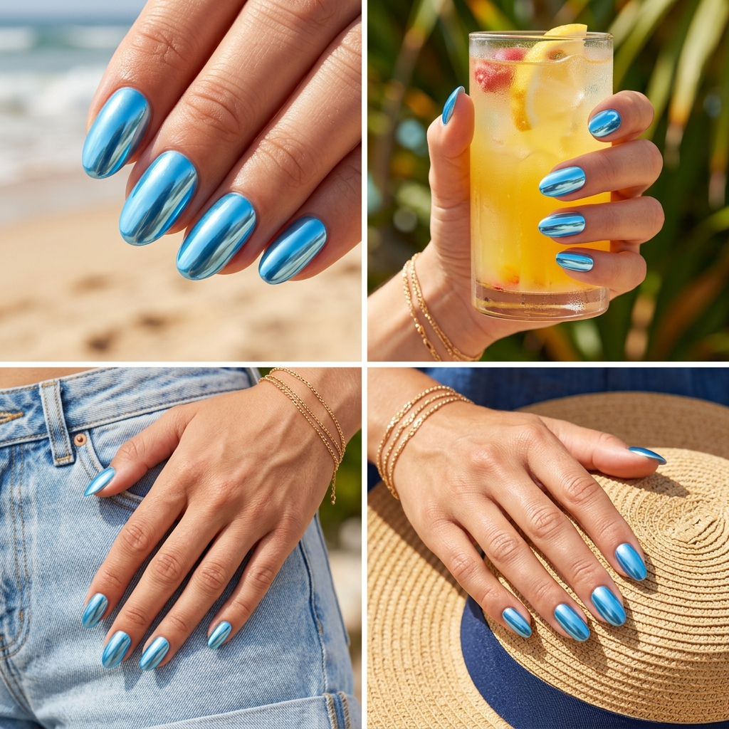 Oval Summer Nails 2026: Sky Blue Mirror Chrome Oval summer nails 2026: Bold sky blue mirror chrome finish for festivals and parties.