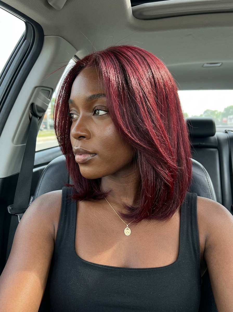 shoulder-length oxblood solid color with violet-red undertones, high-gloss finish — dramatic evening look