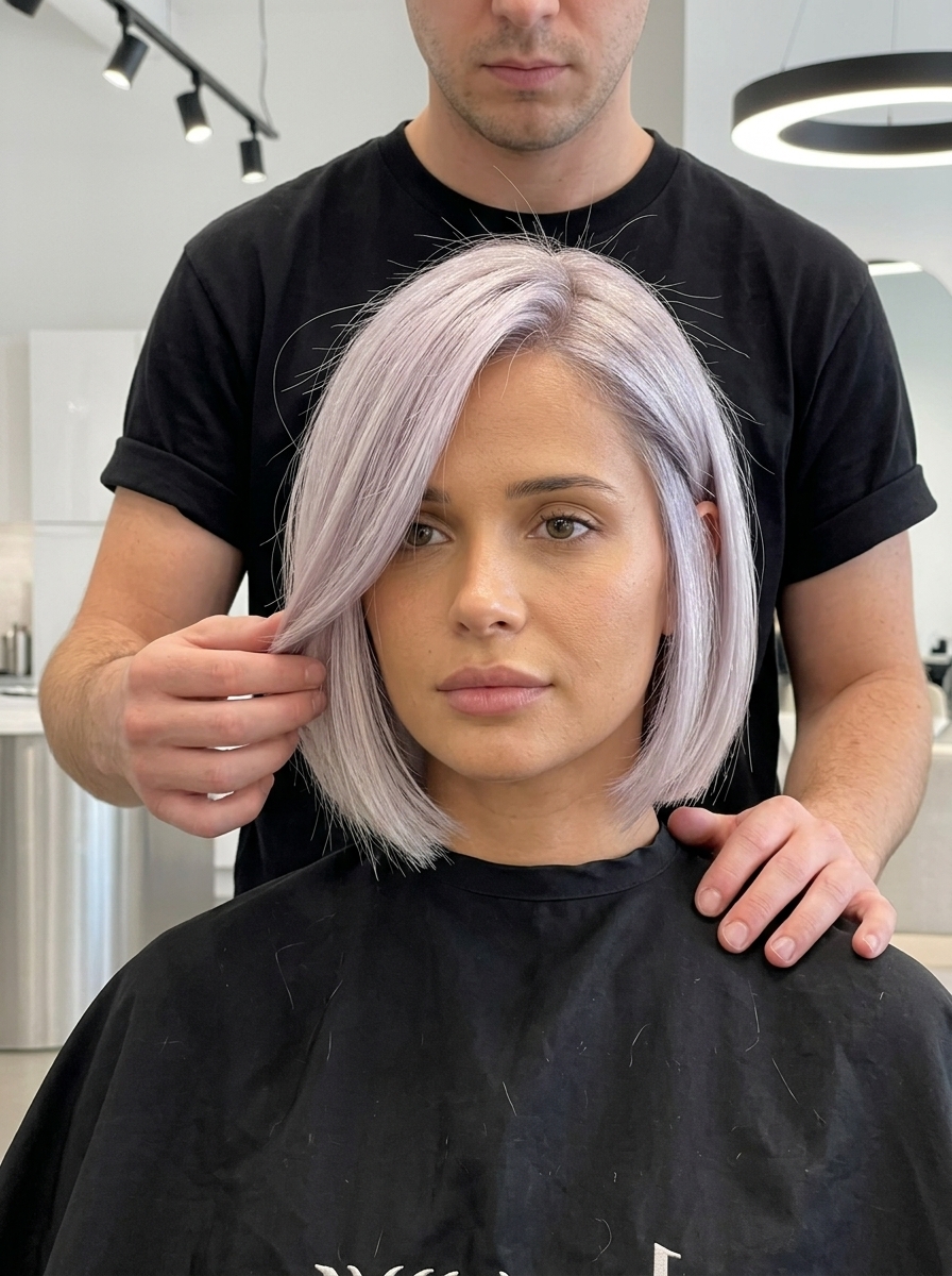 Asymmetrical Oyster Shell Blonde Bob 2026 short asymmetrical italian bob haircut with oyster shell blonde, blunt perimeter, silver/violet hints — modern professional