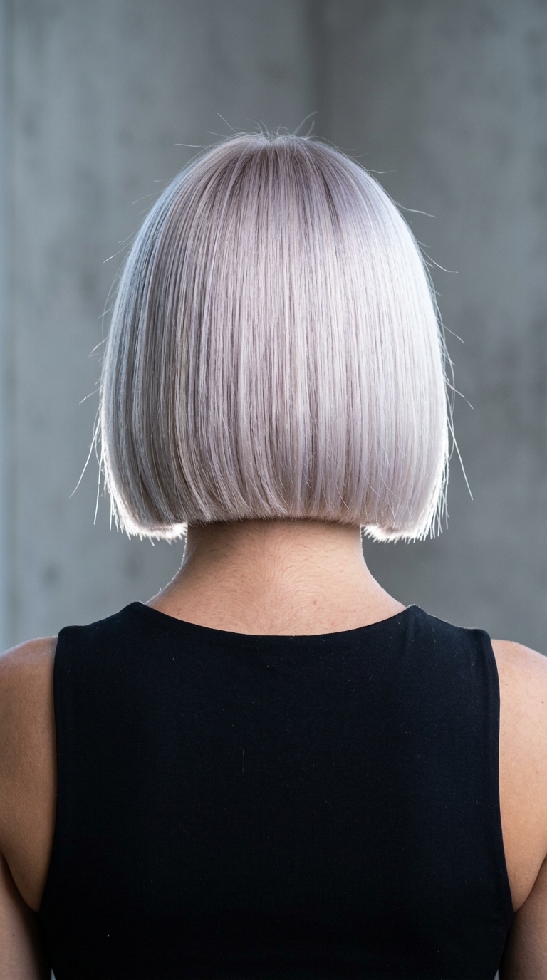 Oyster Shell Platinum Italian Bob 2026 short italian bob haircut in iridescent oyster shell platinum with silver-violet toner, blunt perimeter — edgy style