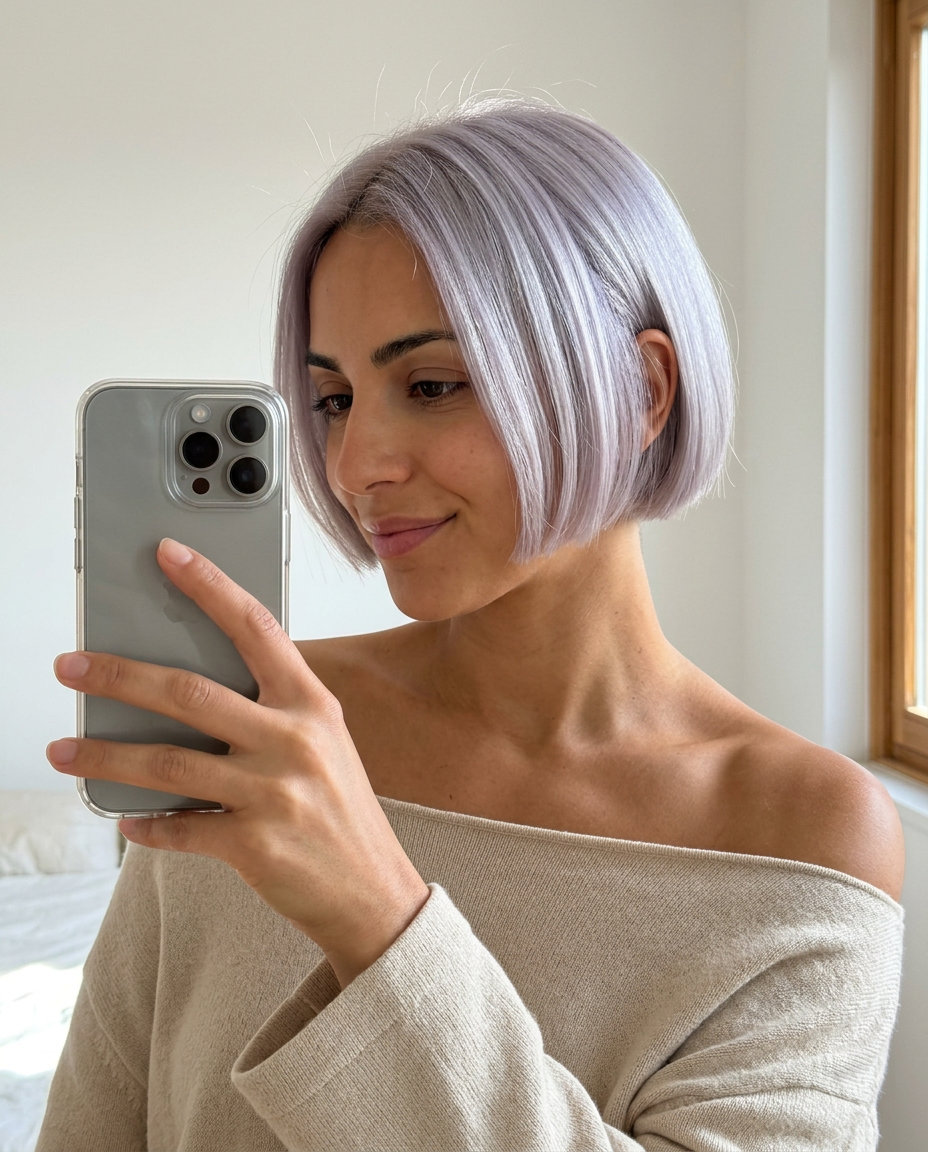 short italian bob haircut in iridescent oyster shell platinum with silver-violet tones, blunt cut — modern statement