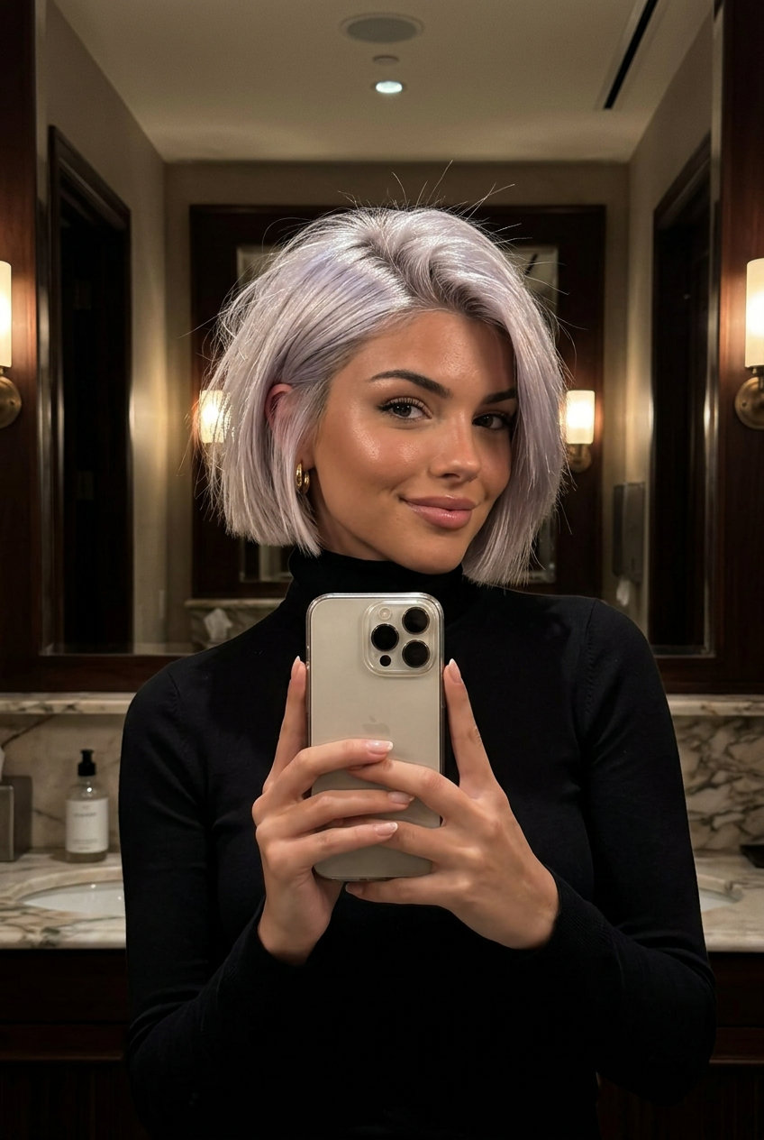 Micro-Italian Oyster Shell Bob 2026 short italian bob with oyster shell platinum blonde, clean clipper-faded nape for bold music festival look