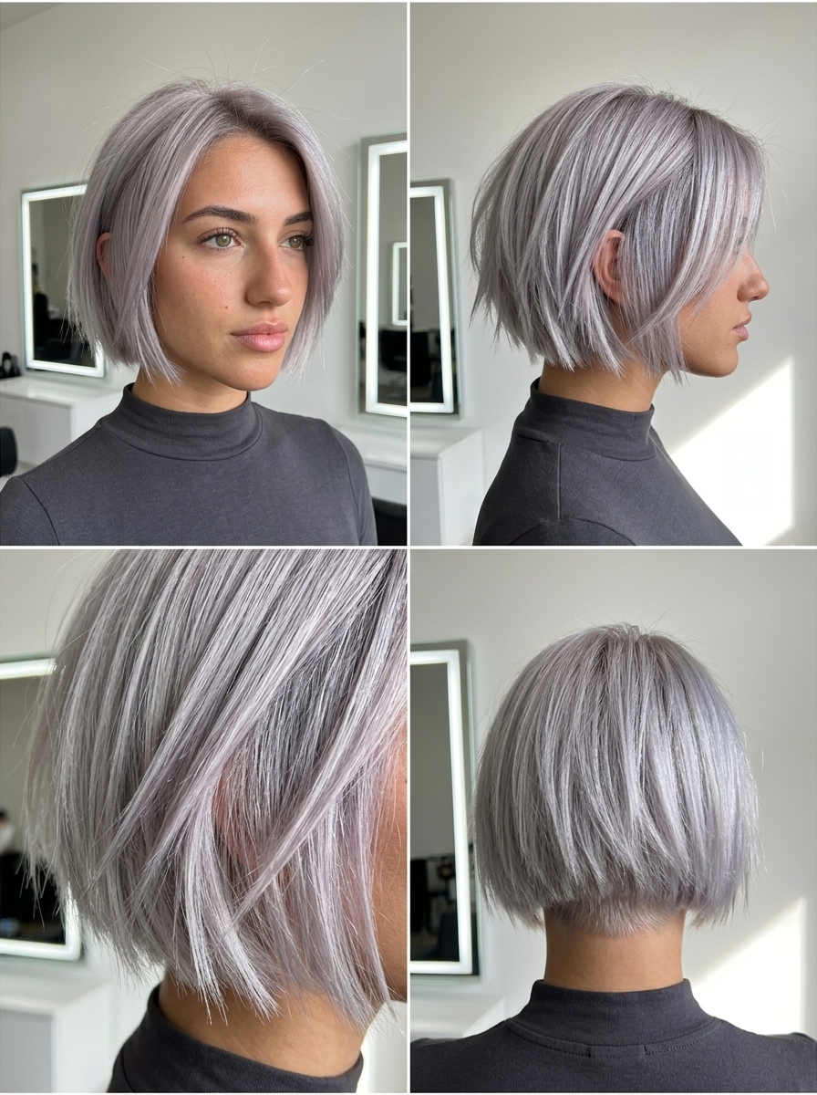 Oyster Shell Platinum Italian Bob 2026 short razor-cut italian bob with oyster shell platinum & silver-violet toner, shattered texture for music festival