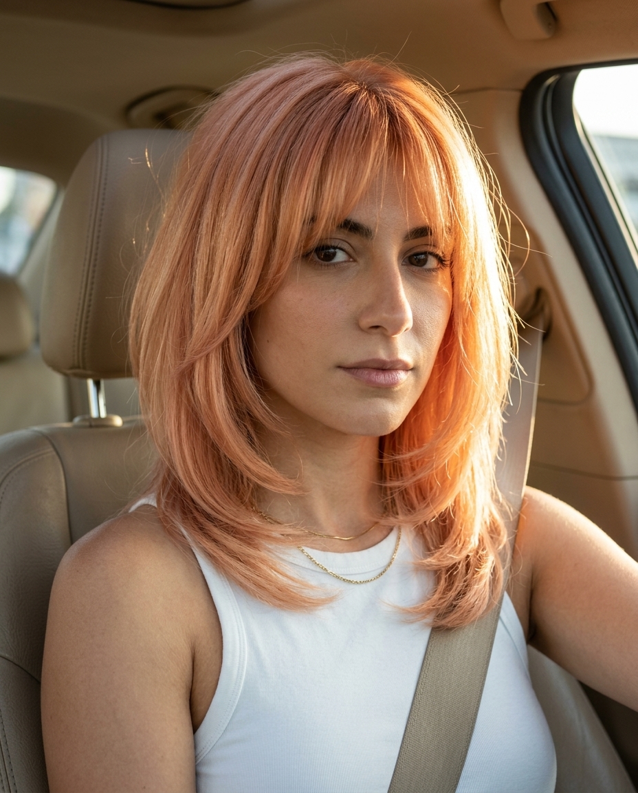 chin-to-shoulder shag haircut in pastel apricot with strawberry blonde highlights and wispy bangs for summer festival