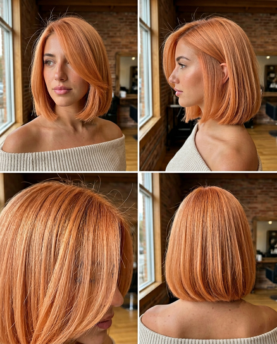 chin-length blunt bob haircut with peachy-orange & gold undertones, deep side part, subtle root — playful date night