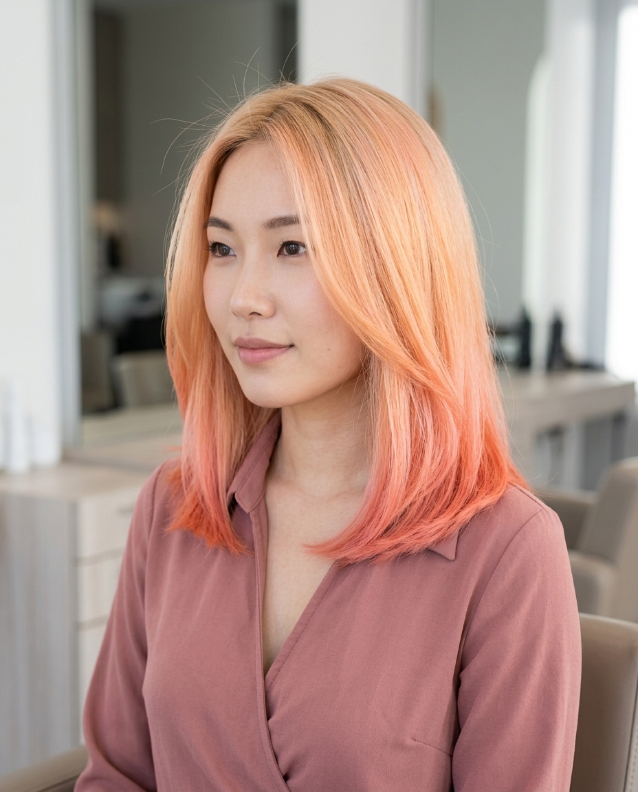 long peach fuzz to coral pink ombre with pastel melt, vibrant layers for summer