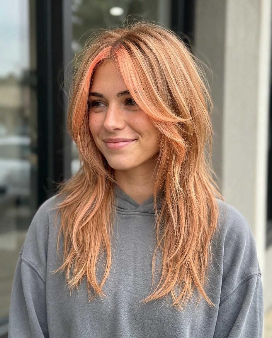 mid-length wolf cut with peach fuzz balayage and warm brown base for summer