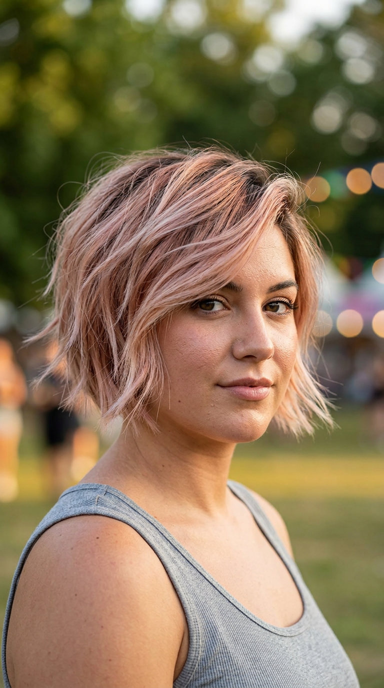 short bixie haircut with soft peach fuzz & rose gold on platinum, textured layers & side-swept fringe for round faces
