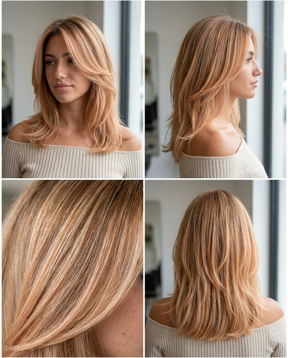 Sun-Kissed Apricot Babylights 2026 long apricot blonde babylights with peach and golden blonde, face-framing, French chic