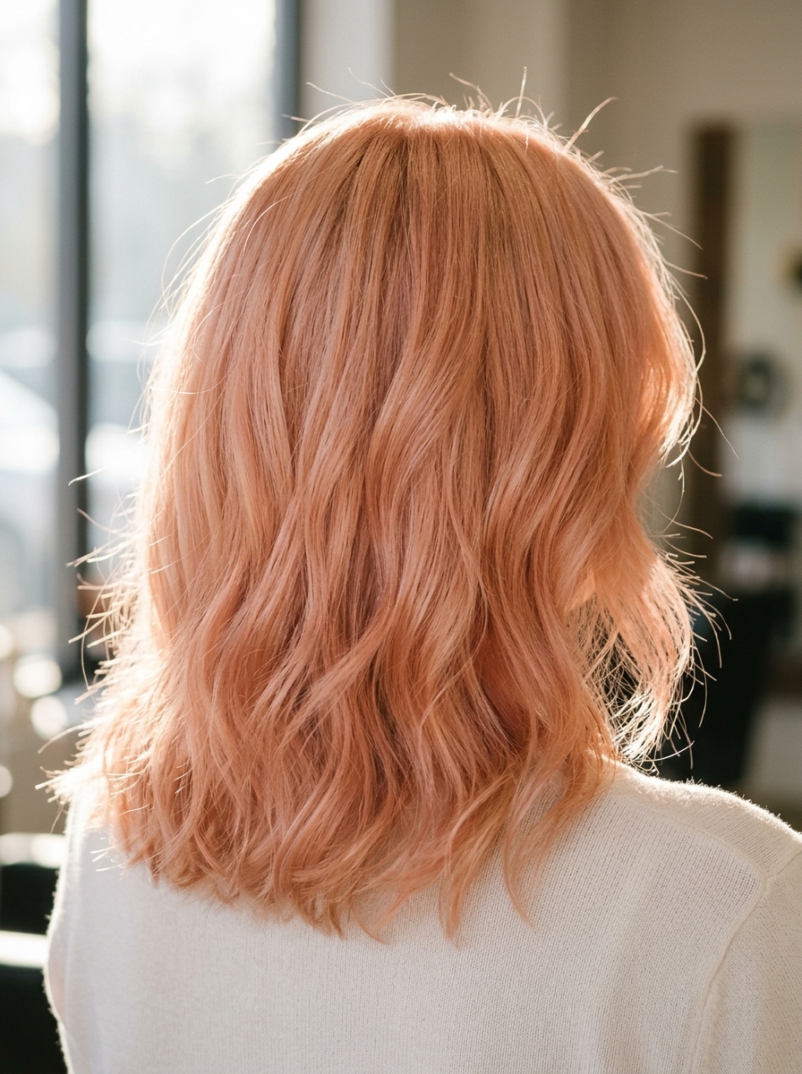 shoulder-length midi peach fuzz glaze toner with soft coral-peach, translucent glaze, playful mood