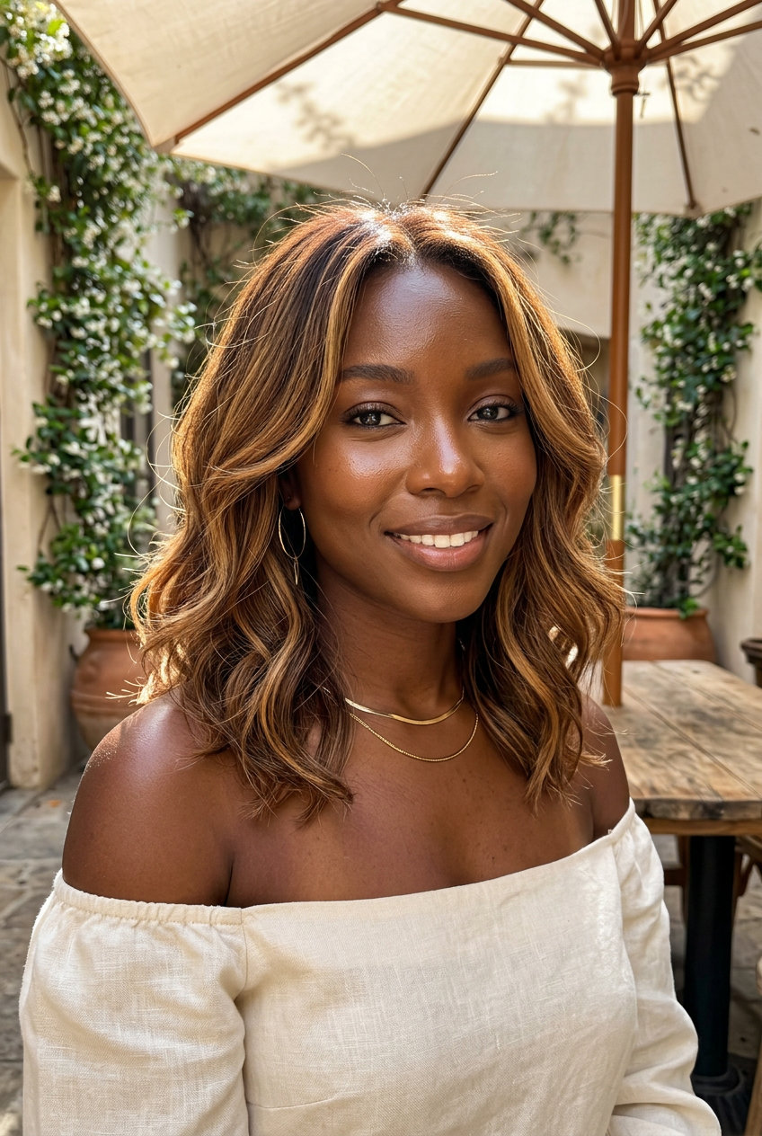 shoulder-length pecan brown lob with honey caramel balayage for summer 2026
