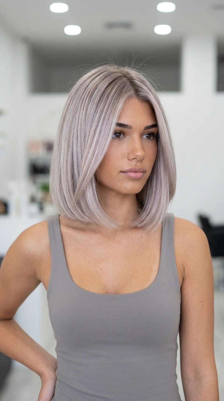 chin-length ash blonde bob with platinum ash blonde, blunt ends, and subtle internal graduation — sophisticated