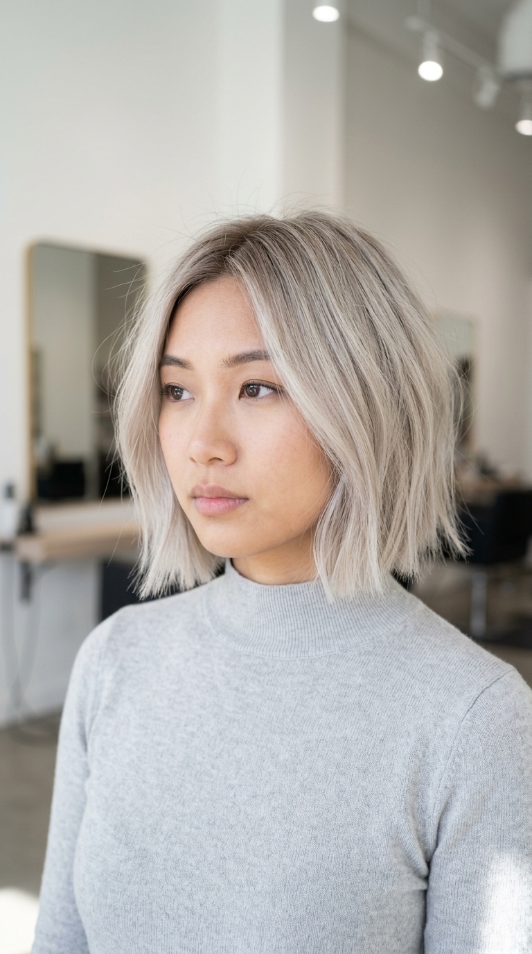 chin-length ash blonde bob with platinum ash blonde, mushroom root melt, and blunt ends — modern