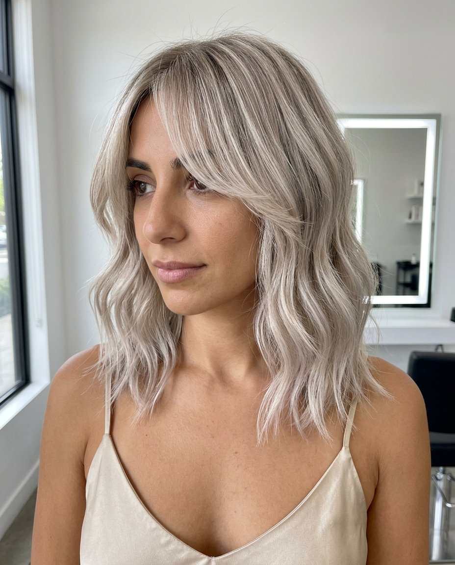 shoulder-length ash blonde lob with platinum ash blonde, curtain bangs, and foilayage — effortless