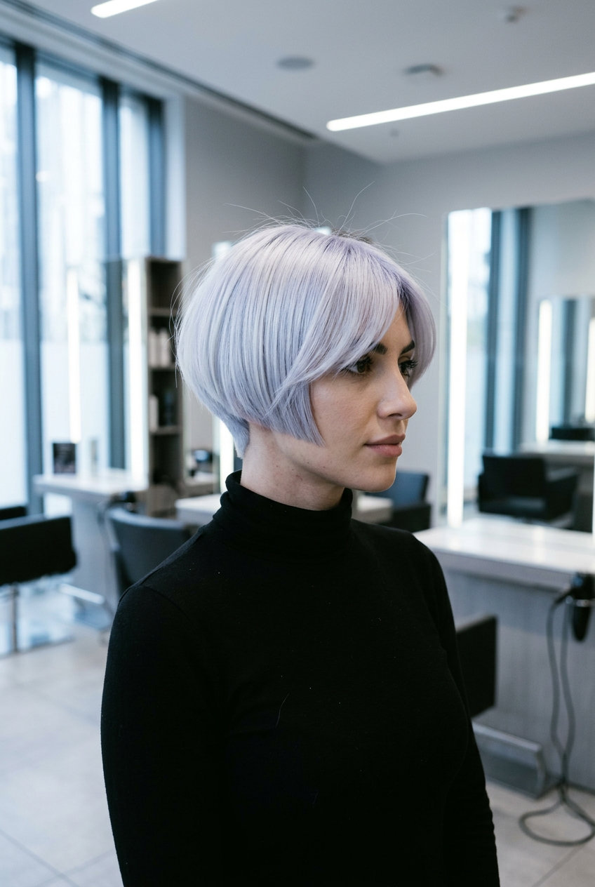 very short ash blonde crop with platinum ash blonde, sharp lines, and swept-forward fringe — bold