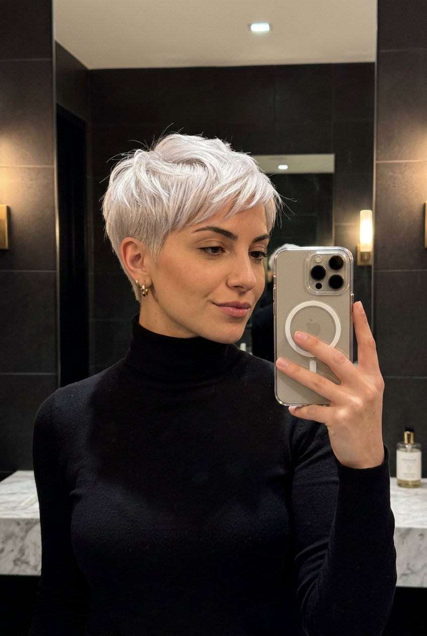 very short ash blonde pixie haircut with platinum ash blonde, tapered sides, and point-cut top — edgy