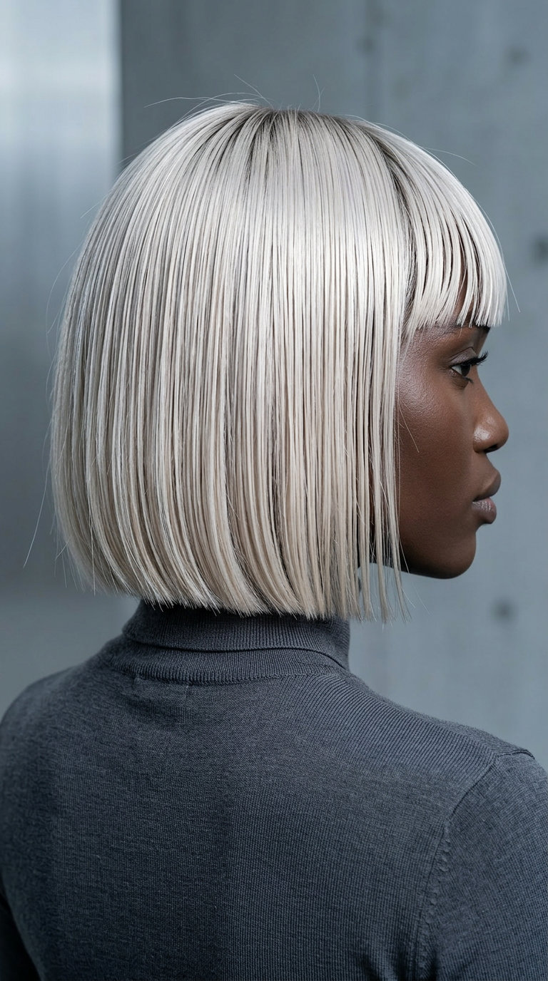 chin-length blunt bob haircut in platinum blonde with piecey bangs and wet look
