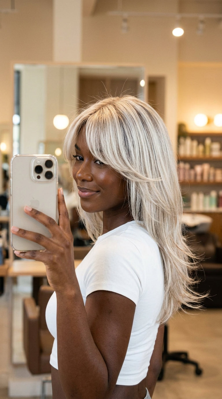 long platinum blonde butterfly haircut with ash highlights, heavy curtain fringe — bold festival style