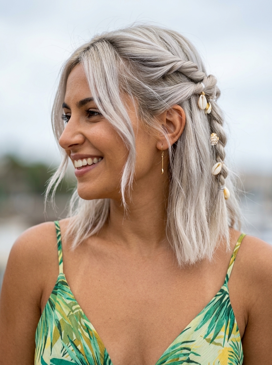 medium icy platinum blonde half-up twist with shell clips for beach day