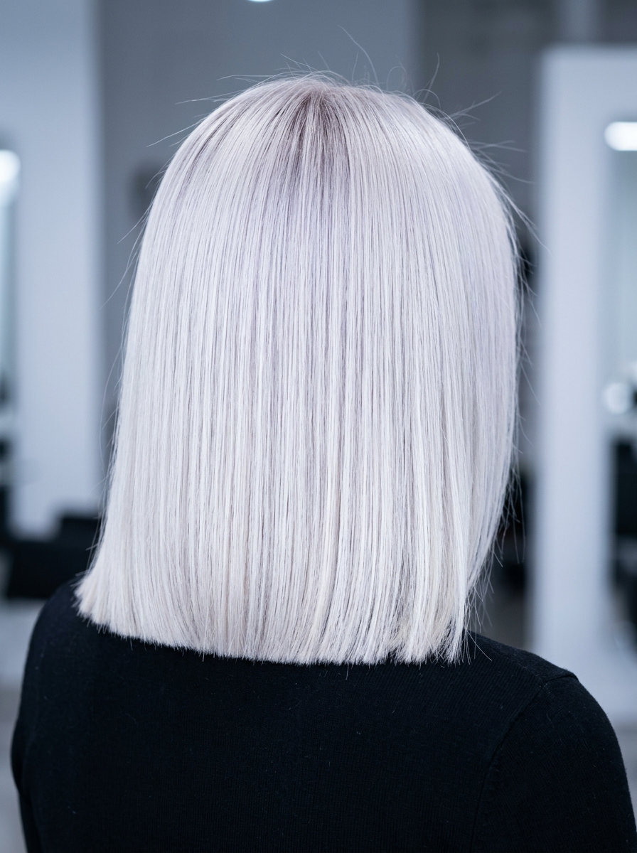 medium lob haircut with icy platinum blonde, blunt cut, no bangs — bold modern style