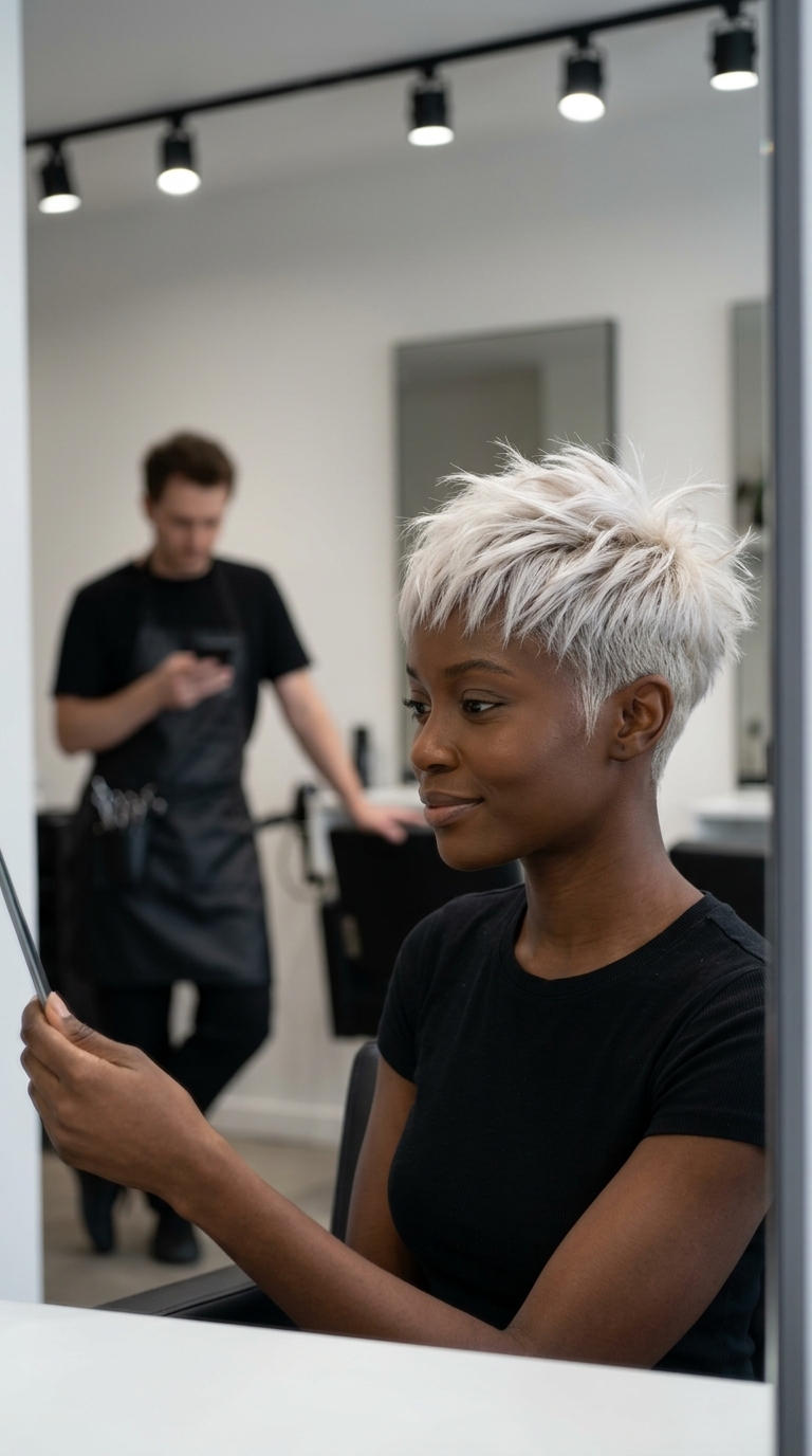 short platinum blonde bixie haircut with white tones and choppy micro-fringe for edgy look