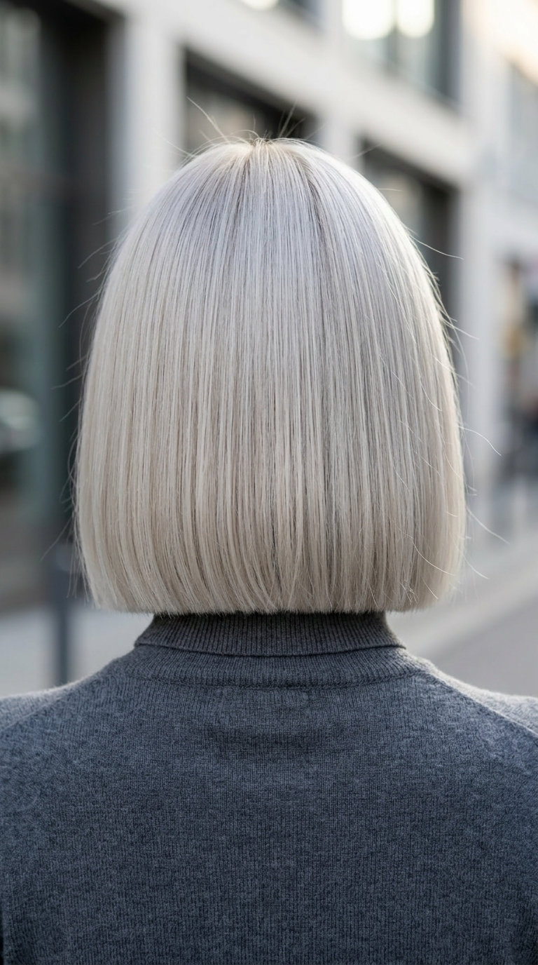 short platinum blonde blunt bob with a deep side part for bold modern looks