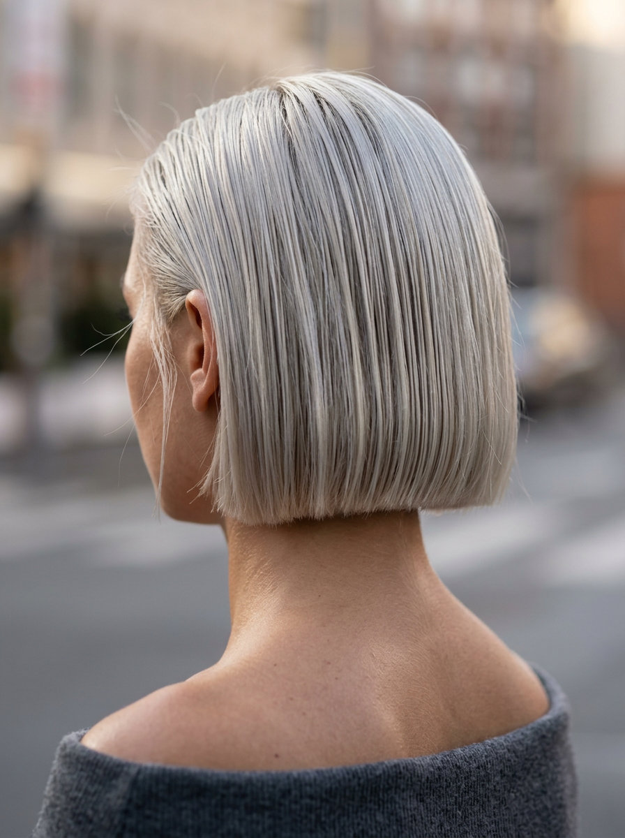 short platinum blonde micro bob with silver undertones, blunt cut, no bangs — edgy