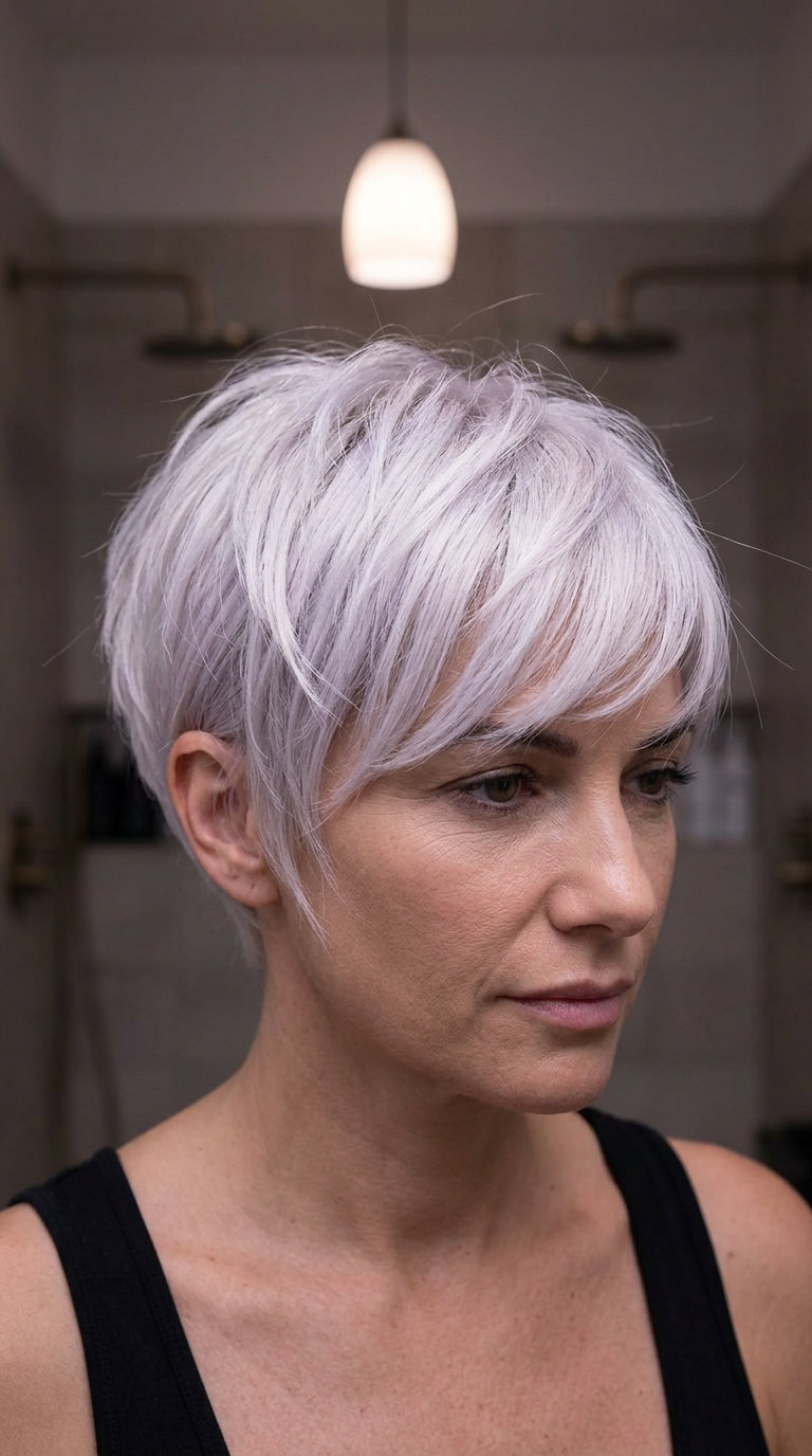 short pixie haircut with icy platinum blonde, cool violet undertones, wispy fringe — bold glamorous