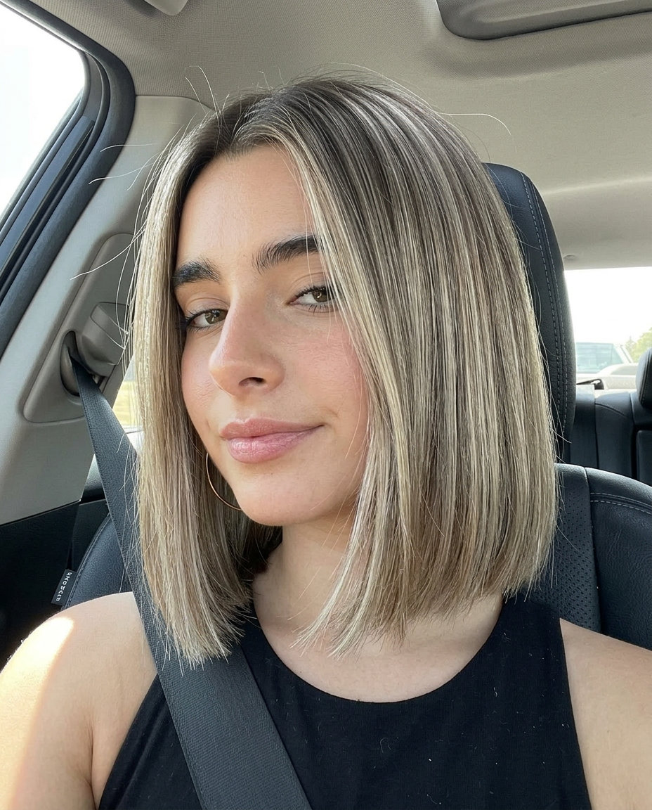 chin-length platinum ash blonde blunt bob with cool ash root for sophisticated look