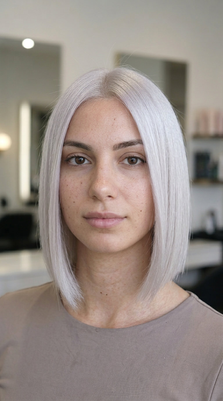 chin-length blunt bob haircut with icy platinum blonde & silver undertones, sharp perimeter & deep side part for round faces