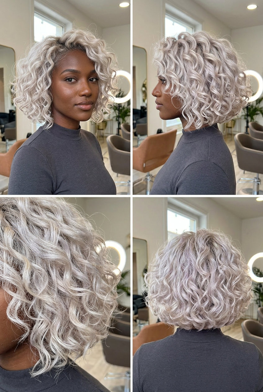 chin-length platinum ash blonde curly bob with Nordic White Ash and Pintura highlighting for summer