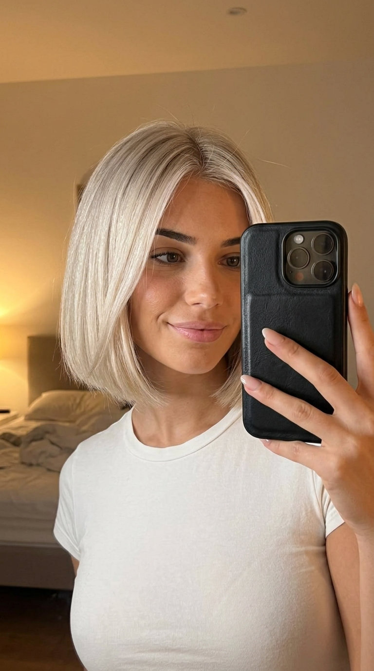 chin-length platinum ash blonde bob with Scandi hairline and blunt cut for chic daily wear