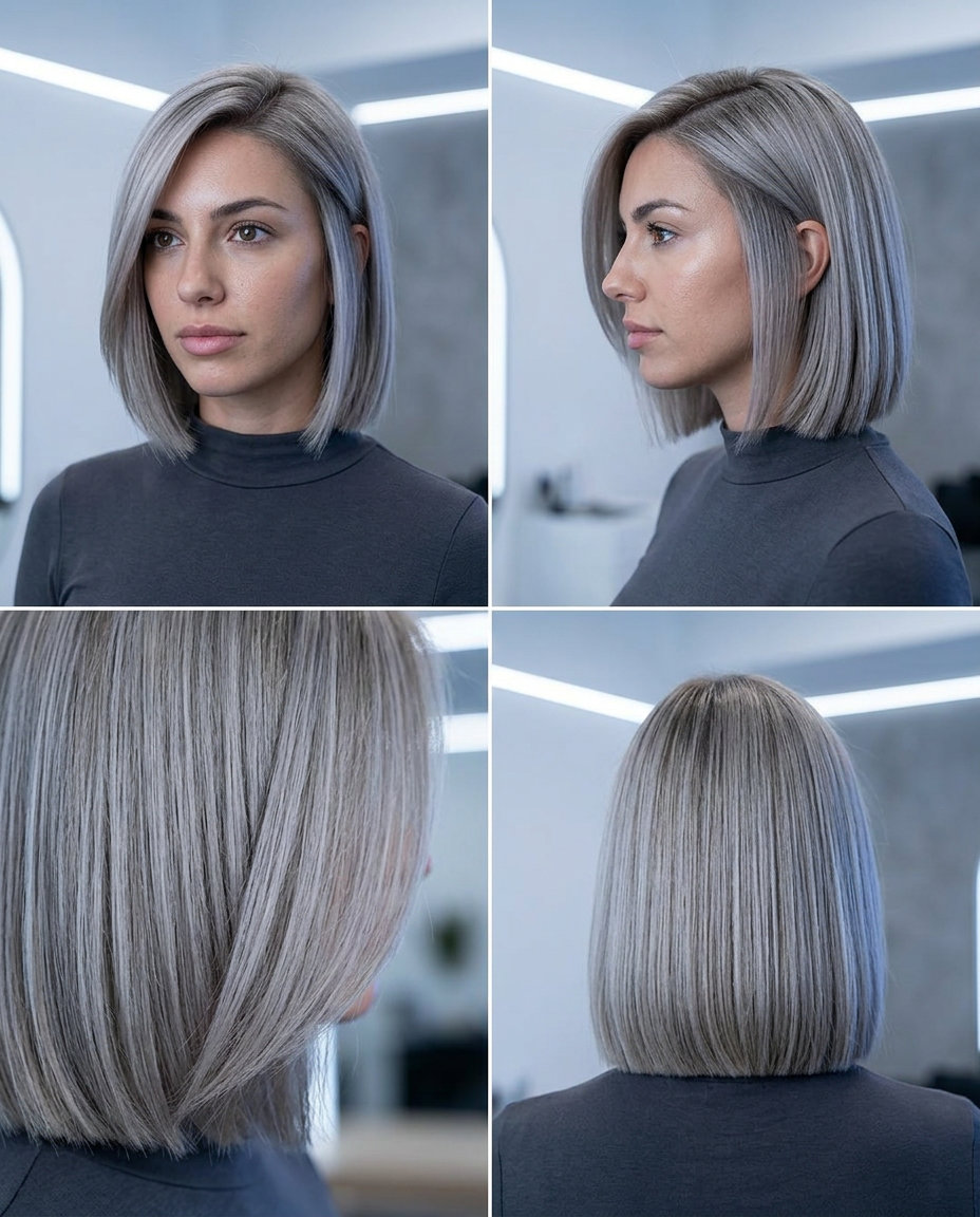 chin-length platinum ash blonde bob with Smoked Silver color and deep side part for edgy look