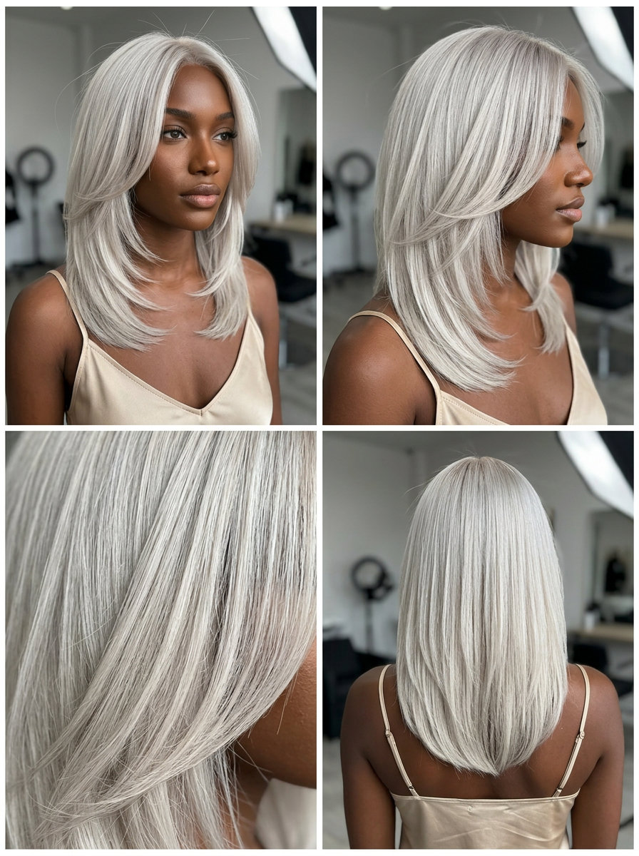 collarbone-length platinum ash blonde with soft U-shaped layers and no bangs for polished look