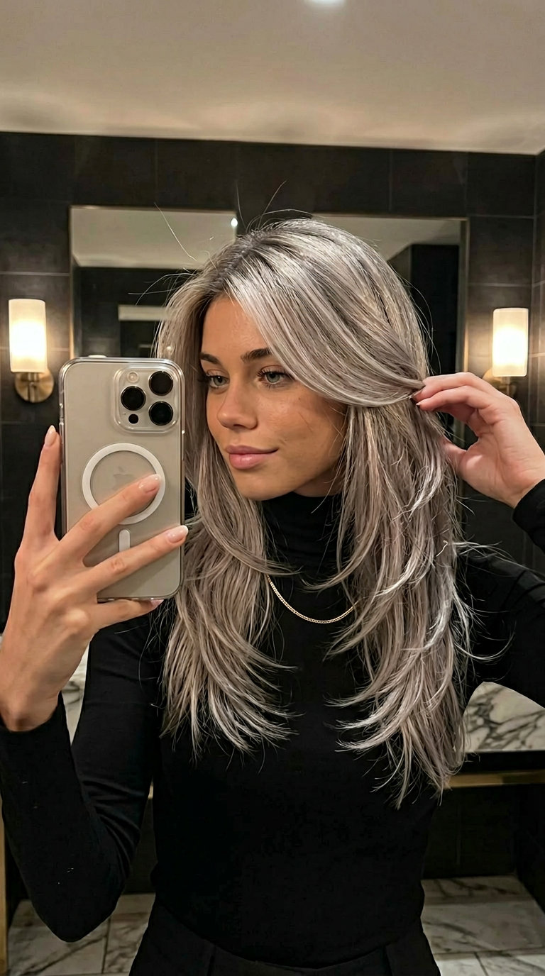 extra-long platinum ash blonde hair with Smoked Silver toner and seamless layers for night out