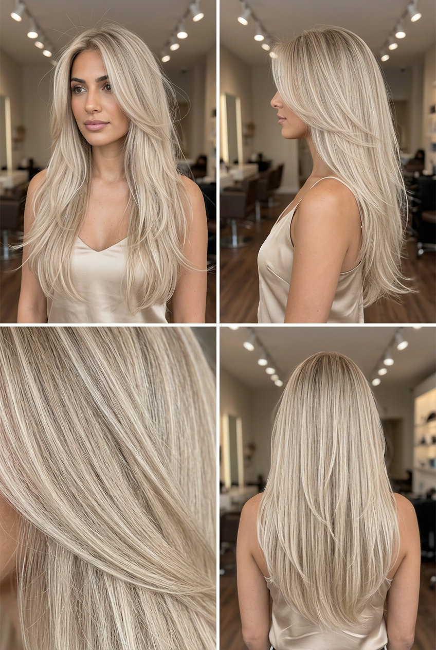 long haircuts in pale sandy linen blonde with cool beige undertones, airy layers, no bangs — soft and ethereal