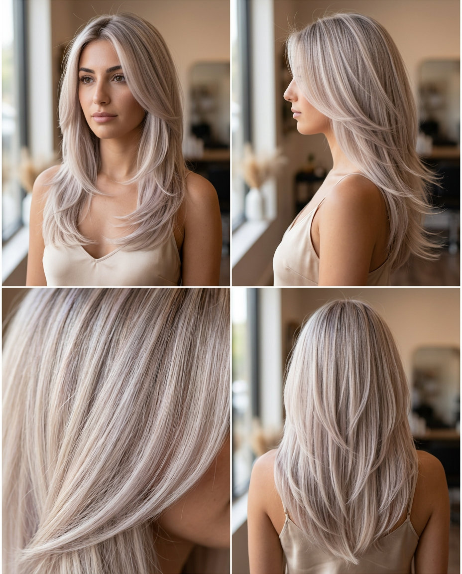 long platinum ash blonde with cascading layers and soft face-framing for romantic look